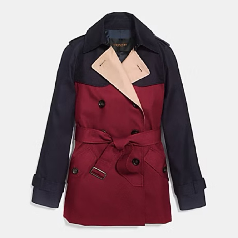NWT- Coach F86036 Blue and Red Colorblock Trench Coat with Belted Waist